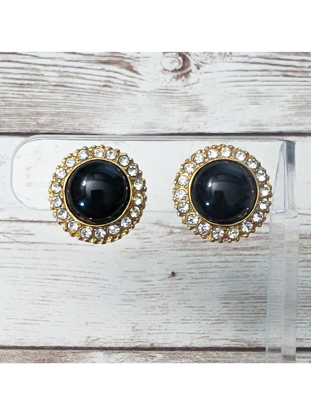 Vintage Clip On Earrings Statement Earrings Black, Gold Tone, Clear Gems